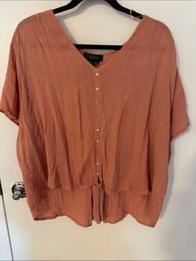 Papillon Blanc Rust Button-Front Tie-Hem Top